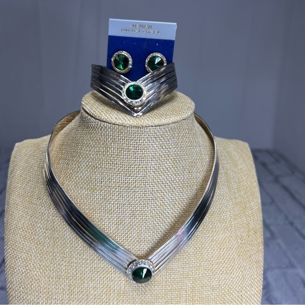 Vintage 1984 silver Austrian crystal parure set emerald green Rivoli halo